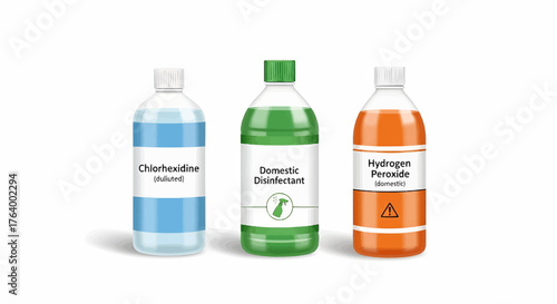 Three bottles of cleaning solutions including chlorhexidine domestic disinfectant and hydrogen peroxide