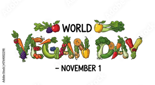 Celebrate World Vegan Day on November 1st with vibrant, fresh produce illustrations, perfect for promoting healthy eating, plant based diets, and ethical lifestyles