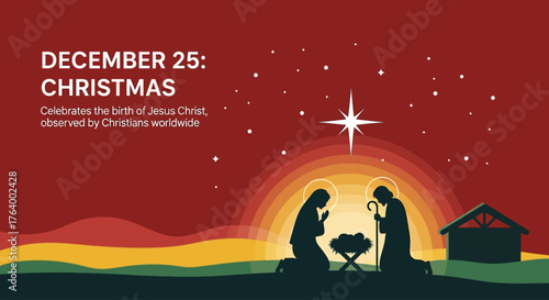 Celebrate December 25 Christmas with serene nativity scene under starry night sky, a peaceful reminder of faith and tradition perfect for holiday greetings and seasonal promotions