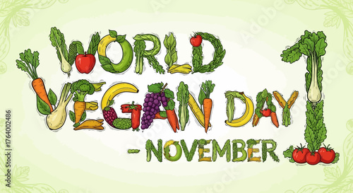 Celebrate World Vegan Day in November with this vibrant design featuring fresh fruits and vegetables, perfect for promoting healthy eating and plant based lifestyles
