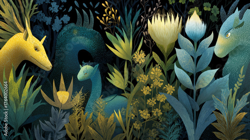 Magical creatures hiding among luminous plants