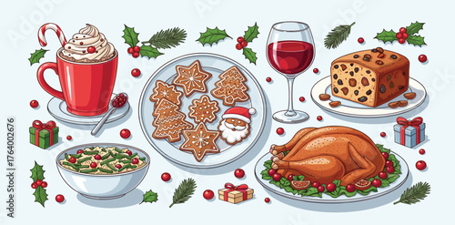 A festive collection of traditional Christmas dinner food and drinks, including roasted turkey, gingerbread cookies, and hot chocolate, illustrated in a classic style