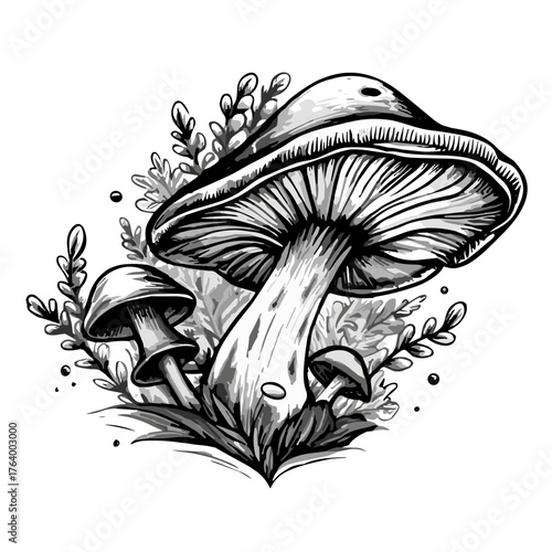 Black and white illustration of mushrooms with foliage in nature, transparent background 