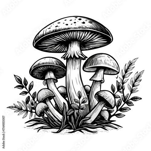 Black and white illustration of porcini mushrooms with foliage, transparent background