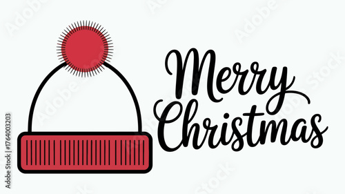 A festive illustration featuring a red knitted winter hat with a pom pom next to elegant merry christmas calligraphy