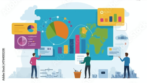 Diverse team collaborates on global data analysis and strategic planning using digital dashboards and charts