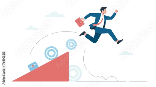 Determined businessman leaps across a chasm symbolizing overcoming challenges and achieving success in his career journey