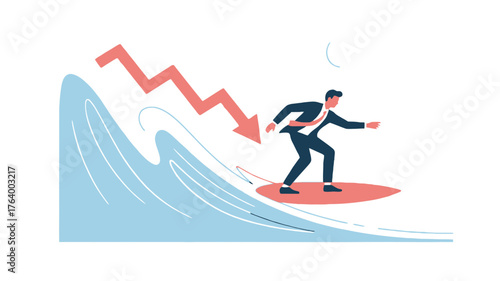 Businessman bravely surfs a massive crashing wave symbolizing navigating financial downturns and market volatility with determination