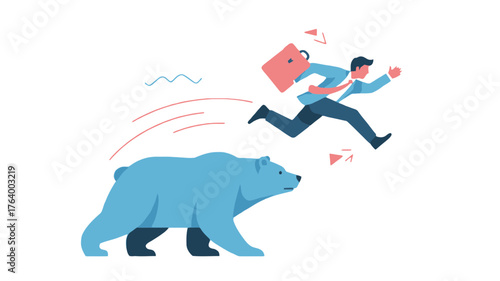 Businessman flees from a large blue bear symbolizing a market downturn illustrating financial fear and loss