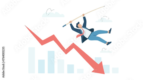 Businessman swings precariously on a pole above a steep downward trending stock market graph representing financial decline