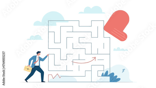 Businessman facing a complex maze with a red arrow indicating a path towards a large abstract shape symbolizing a goal