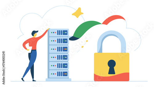 Digital security concept a person interacting with servers data flowing to a large padlock representing cloud data protection and cybersecurity