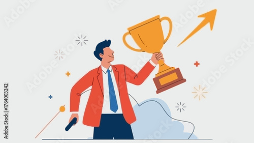 Successful businessman celebrating victory with a golden trophy and an upward trending arrow symbolizing growth and achievement