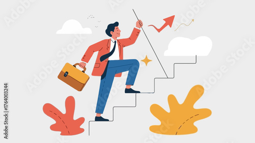 Ambitious businessman climbs upward stairs with briefcase reaching for success and achieving goals