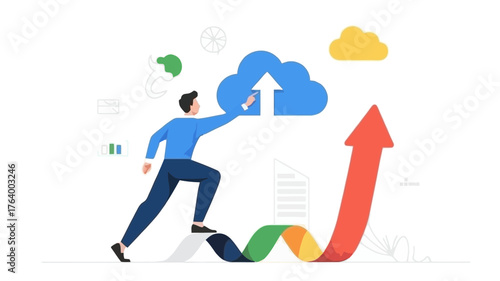 Man uploading data to the cloud with a rising arrow symbolizing growth and progress in technology