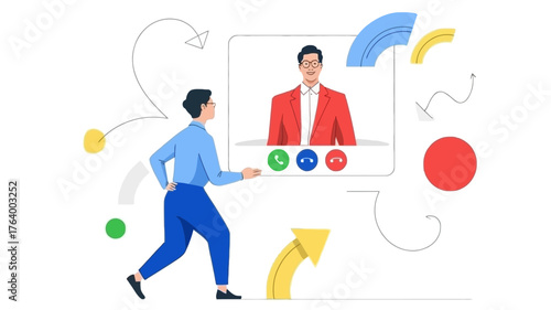 Modern digital communication concept showing a man interacting with a video call interface and abstract graphic elements representing connectivity and data flow