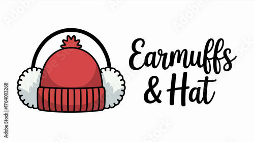 Cozy red beanie hat and fluffy earmuffs illustration with earmuffs hat text