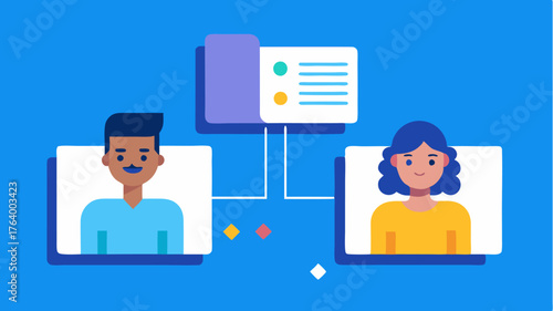 A splitscreen view showing two avatars in different digital environments collaborating on a shared document in realtime.