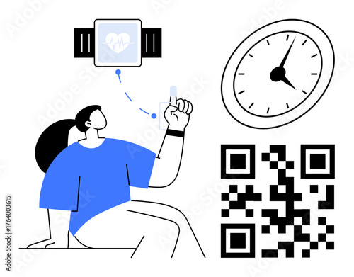 Woman checking health data from fitness tracker, pointing to QR code with clock in view. Ideal for technology, healthcare, time management, modern living, data tracking, fitness, simple flat metaphor