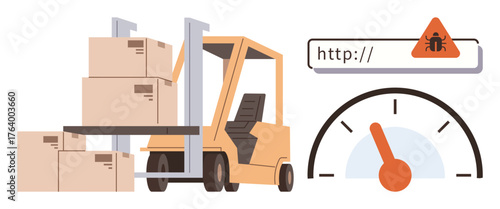 Forklift moving cardboard boxes, web bug warning with URL field, and speedometer. Ideal for logistics, error notifications, website loading, productivity, troubleshooting, optimization simple flat
