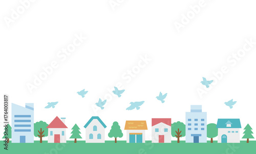 住宅街と羽ばたく鳥の群れ