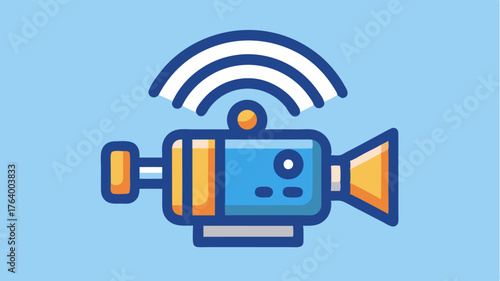 An icon of a video camera with radiating waves symbolizing live broadcast transmission to an online audience.