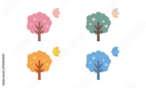 春夏秋冬と木と鳥