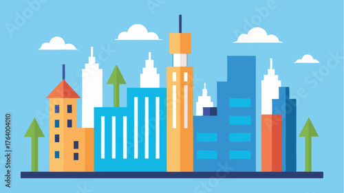 A city skyline with buildings representing different business departments each with upward arrows indicating growth and transformation.
