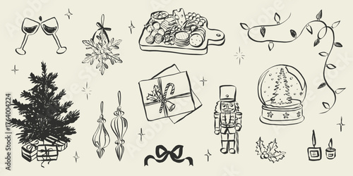 Retro doodles of Christmas party. Vintage new year icons dinner meals in chalk and crayon drawing. Xmas party elements for poster and greeting cards. Coquetteholiday vector illustration