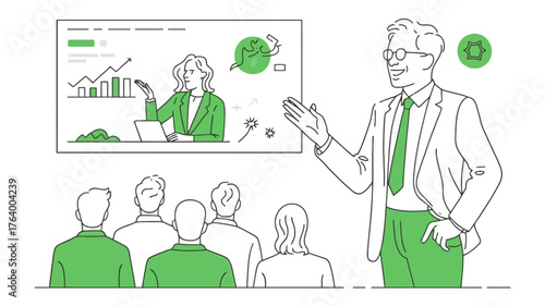 Business professional presenting data and charts to an attentive audience in a modern meeting room setting