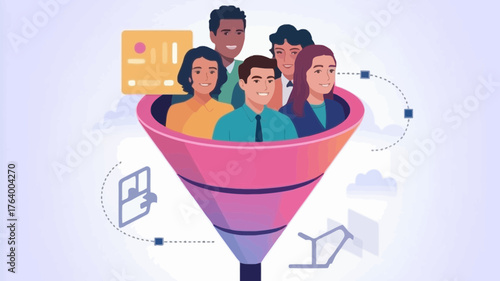 Diverse group of people entering a sales funnel representing customer acquisition and lead generation process