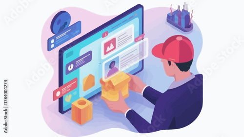 Digital interface design and development with a person interacting with a screen and building blocks representing components