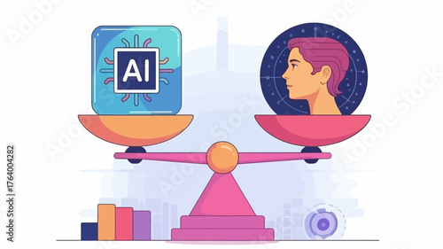 Artificial intelligence versus human intelligence on a balance scale representing comparison and future impact