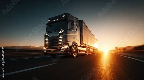 Black Semi-truck on Highway at Sunset