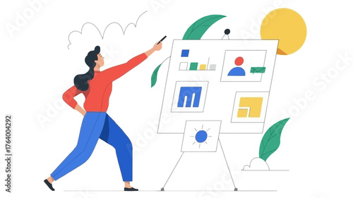 Creative professional woman in red shirt and blue pants designing a digital interface on a large whiteboard easel with colorful elements