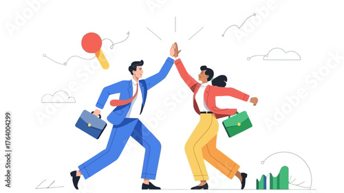 Two business professionals celebrating success with a high five symbolizing teamwork and achievement in a modern illustration style
