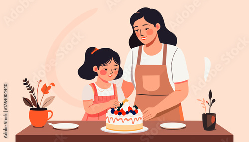 A mother and daughter happily decorating a cake together in a cozy kitchen setting