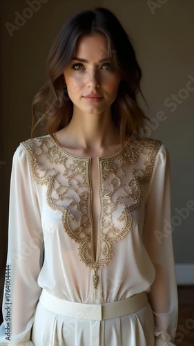 Woman in Embroidered Cream Blouse