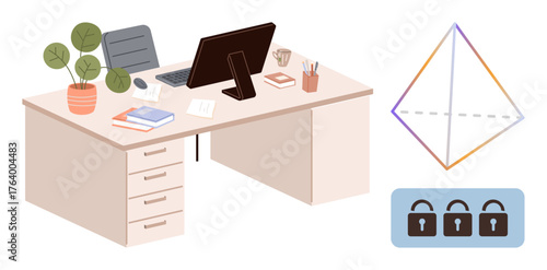 Office desk with computer, books, and plant, accompanied by abstract geometric shape and security lock icons. Ideal for productivity, data security, organization, remote work, workplace efficiency