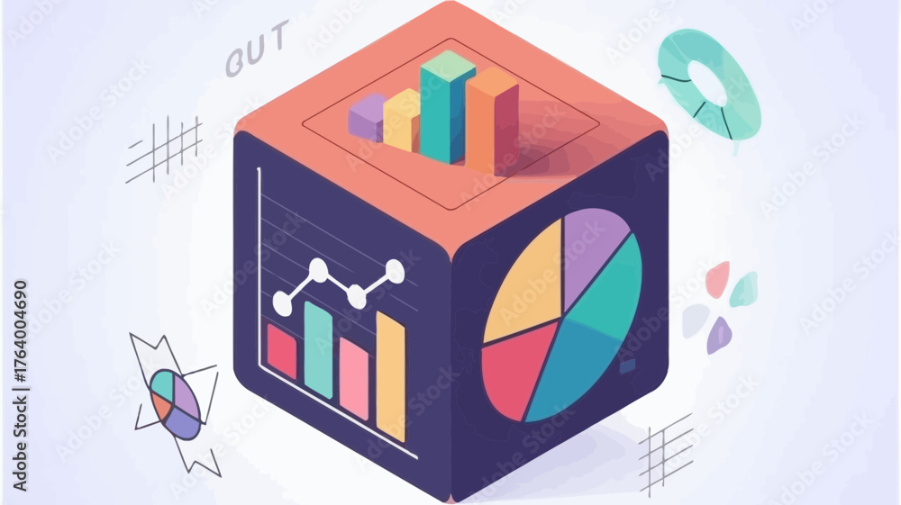 Obraz premium Isometric cube displaying various data visualizations including bar charts pie charts and line graphs for analysis