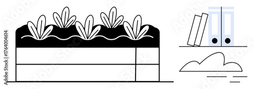 Raised garden bed with sprouting plants alongside a shelf holding two books and files, conveying balance of nature and organization. Ideal for gardening, sustainability, productivity, work-life