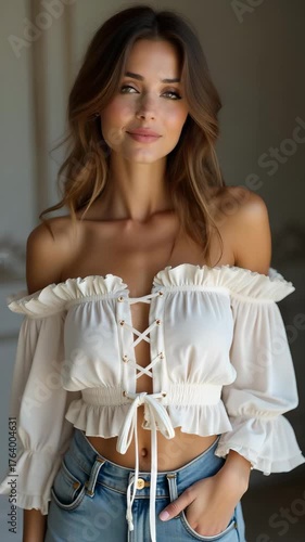 Woman in Off-Shoulder White Lace Top