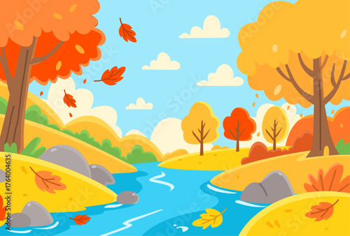 Autumn River Valley with Colorful Trees – Vector Illustration	