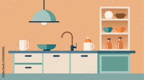 A minimalist kitchen featuring open shelving displaying carefully arranged dishware a modern sink and a central island for cooking and dining.