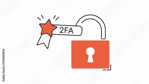Illustration of two factor authentication security with a ribbon and star next to an unlocked padlock icon
