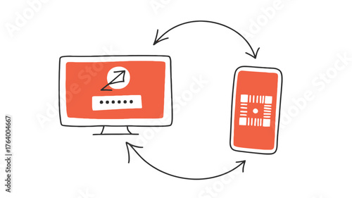 Digital data transfer and synchronization between a computer and a mobile phone illustrated with arrows