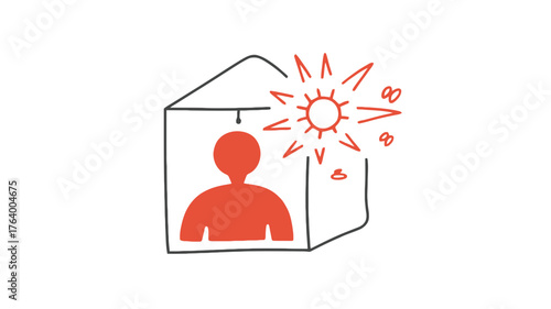 A simple line drawing depicts a person inside a house with a bright sun shining overhead symbolizing warmth and well being