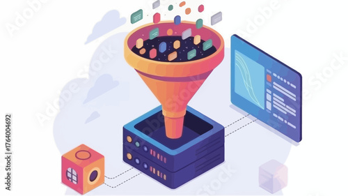 Conceptual illustration of data filtering and processing through a funnel into a server and displayed on a screen