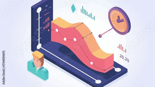 Isometric illustration of a downward trending graph with magnifying glass and data visualization elements representing financial decline or analysis