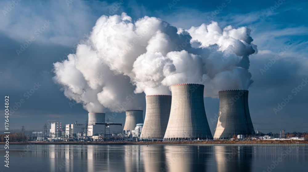 Obraz premium Nuclear plant spewing white smoke